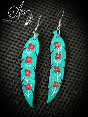 Turquoise Wooden Feather Native American Floral Drop Earrings
